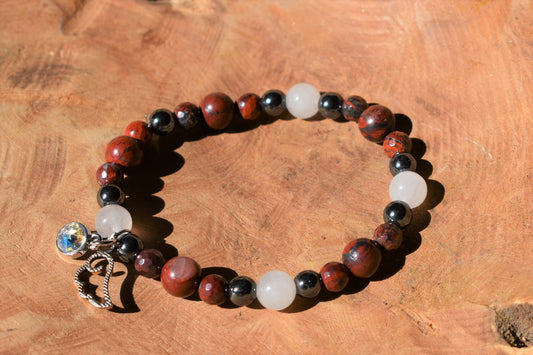 Hematite, Red Jasper, Quartz Crystal with Swarovski Crystal and Moon Charm