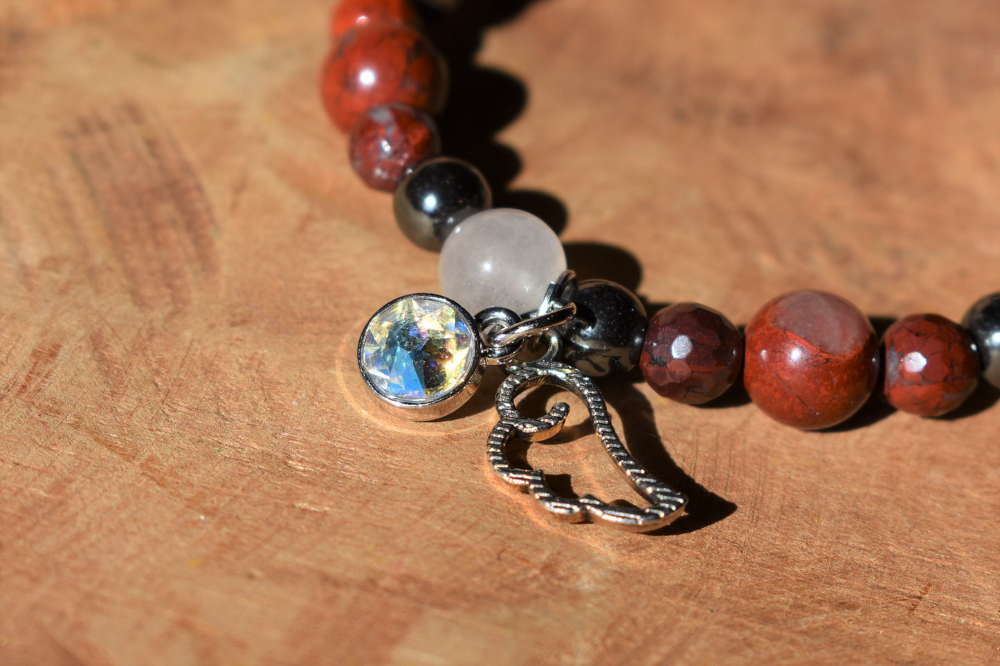 Hematite, Red Jasper, Quartz Crystal with Swarovski Crystal and Moon Charm