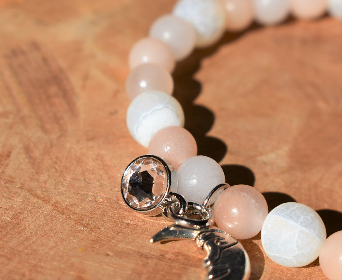 Agate, Pink Opal with Moon Charm Bracelet