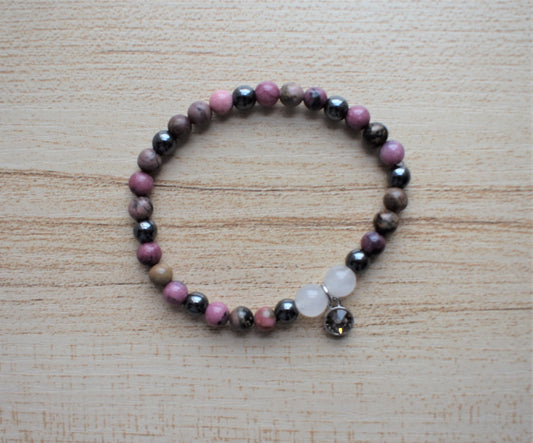 Rhodonite Hematite Quartz & Swarovski Charm Bracelet
