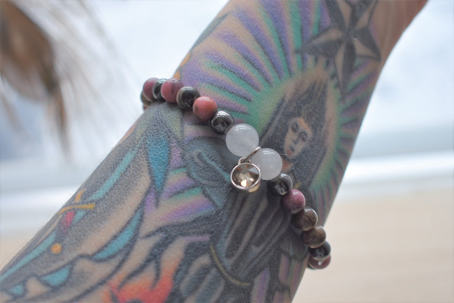 Rhodonite Hematite Quartz & Swarovski Charm Bracelet