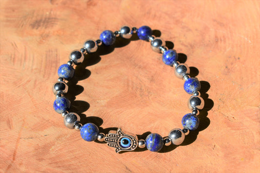 Lapis Lazuli, Hematite and Hamsa Evil Eye Bracelet