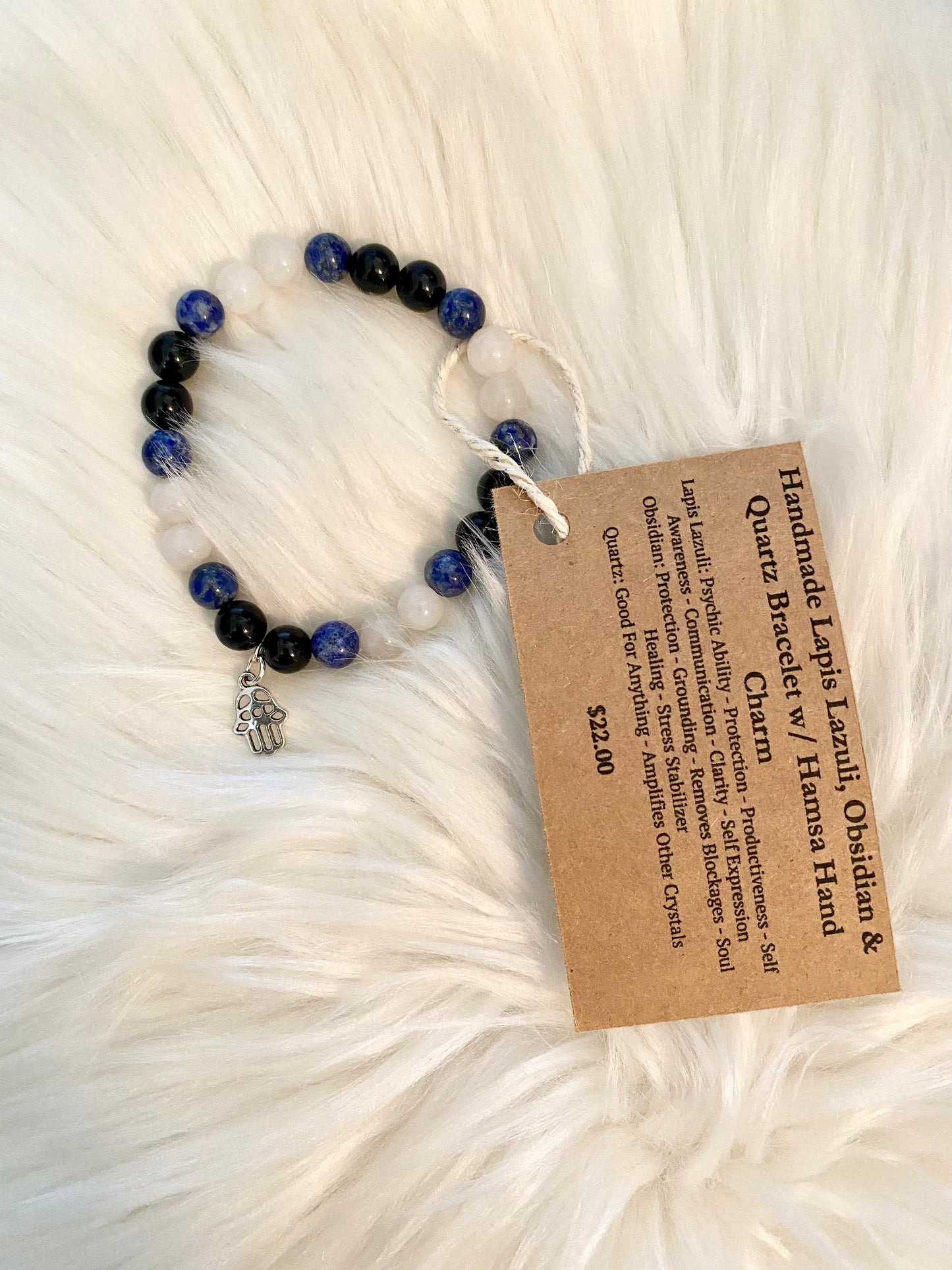 Handmade Lapis Lazuli, Obsidian & Quartz Bracelet with Hamsa Hand Charm