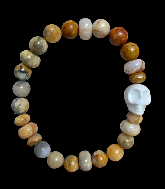 Handmade Crazy Lace Agate Skull Bracelet