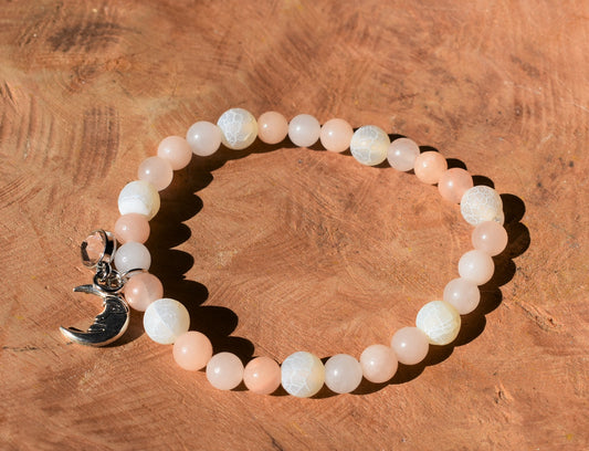 Agate, Pink Opal with Moon Charm Bracelet