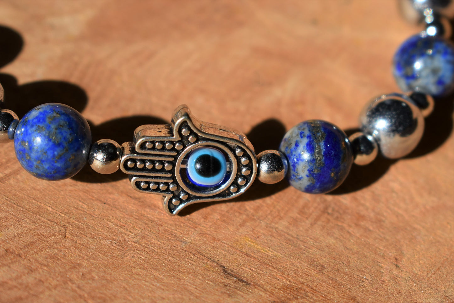 Lapis Lazuli, Hematite and Hamsa Evil Eye Bracelet