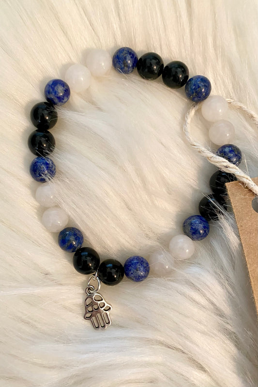 Handmade Lapis Lazuli, Obsidian & Quartz Bracelet with Hamsa Hand Charm